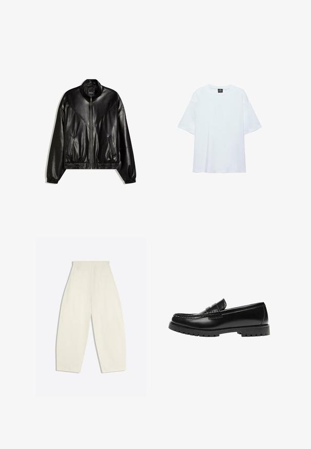 Veste bomber en similicuir noir avec fermeture éclair frontale, poignets et ourlet élastiques, et deux poches frontales inclinées.; T-shirt blanc uni oversize à manches courtes avec col rond et étiquette noire à l'intérieur du col sur fond blanc.; Pantalon crème taille haute à jambes larges, avec poches arrière et passants de ceinture, présenté à plat sur un fond clair.; Mocassin en cuir noir avec une semelle en caoutchouc épaisse et un détail classique de bride à monnaie, vu de côté extérieur.