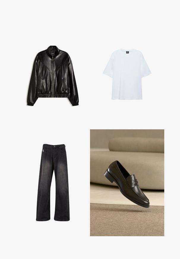 Schwarze Bomberjacke aus Kunstleder mit Frontreißverschluss, elastischen Bündchen und Saum sowie zwei schräg eingesetzten Fronttaschen.; Schlichtes, weißes, übergroßes T-Shirt mit kurzen Ärmeln, rundem Ausschnitt und einem schwarzen Etikett innen am Kragen vor weißem Hintergrund.; Schwarze, weit geschnittene Jeans mit verblasstem Finish, mit Knopfverschluss, fünf Taschen und einem markierten Patch auf der vorderen linken Seite.; Schwarzer Leder-Slipper, der über einem beigen Teppich schwebt, mit einem beigen Sofa im Hintergrund, und zeigt das klassische Herren-Design zum Hineinschlüpfen.