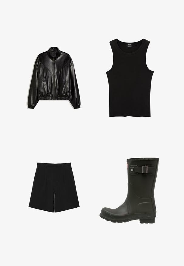 Veste bomber en similicuir noir avec fermeture éclair frontale, poignets et ourlet élastiques, et deux poches frontales inclinées.; Débardeur noir à côtes avec un col rond et de larges emmanchures, fabriqué à partir d'un tissu doux et extensible. Étiquette : Pull&Bear.; Short noir sur mesure avec passants de ceinture, plis devant et poches latérales, posé à plat sur un fond blanc.; Botte de pluie en caoutchouc noir avec un bout arrondi, une sangle boucle au-dessus et une semelle texturée pour une meilleure adhérence.