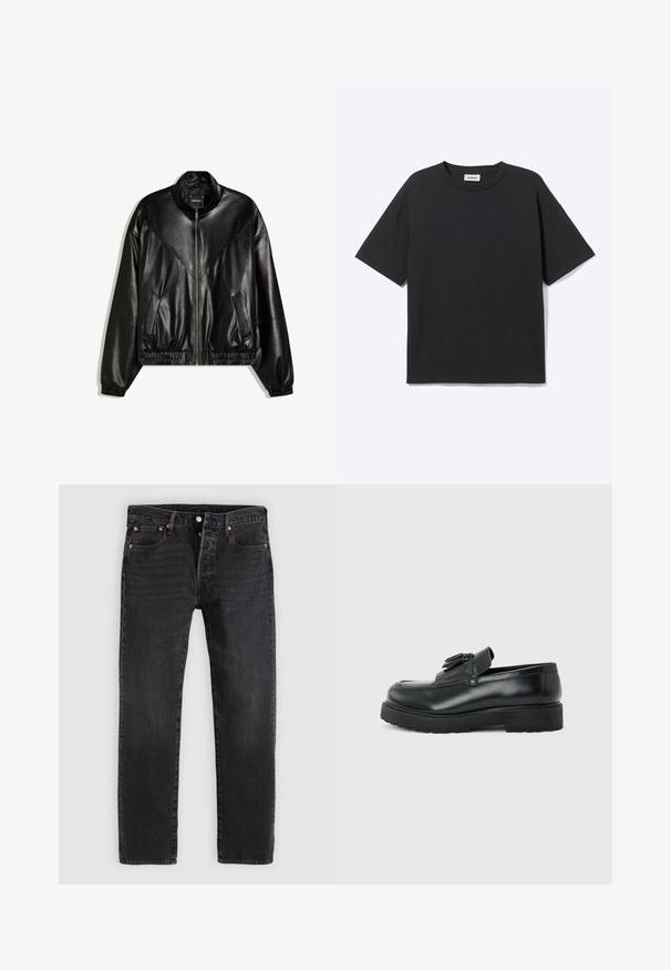 Veste bomber en similicuir noir avec fermeture éclair frontale, poignets et ourlet élastiques, et deux poches frontales inclinées.; T-shirt noir à manches courtes avec col rond, coupe décontractée, vue de face, design uni et étiquette de la marque Weekday visible à l’intérieur du col.; Jean en denim noir à coupe droite, avec deux poches avant, une poche à monnaie et des rivets en métal. Design classique à cinq poches.; Mocassin en cuir noir avec pampilles, semelle épaisse en caoutchouc et talon bas, présenté de profil sur un fond uni.