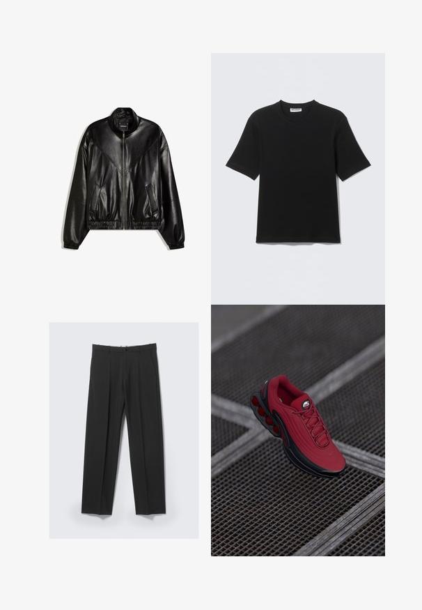 Zwarte bomberjack van imitatieleer met rits aan de voorkant, elastische manchetten en zoom, en twee schuine voorzakken.; Zwart T-shirt met korte mouwen en ronde hals, met een label "WEEKDAY" aan de binnenkant van de kraag, plat neergelegd op een lichte achtergrond.; Zwarte op maat gemaakte broek met plooien aan de voorkant, zijzakken, riemlussen en knoopsluiting in de tailleband op een lichte achtergrond.; Rode sneaker met een gestructureerde bovenkant, voorzien van zwarte accenten en een opvallend ontwerp van luchtkussensole. Veters en logo zijn zichtbaar aan de bovenkant.