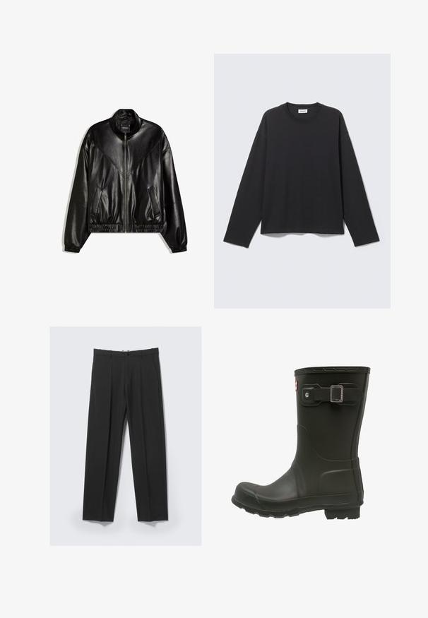Veste bomber en similicuir noir avec fermeture éclair frontale, poignets et ourlet élastiques, et deux poches frontales inclinées.; Chemise noire à manches longues avec col rond, coupe simple et ample, présentée à plat sur un fond gris clair.; Pantalon noir ajusté avec plis avant, poches latérales, passants de ceinture et fermeture par bouton à la taille sur un fond clair.; Botte de pluie en caoutchouc noir avec un bout arrondi, une sangle boucle au-dessus et une semelle texturée pour une meilleure adhérence.
