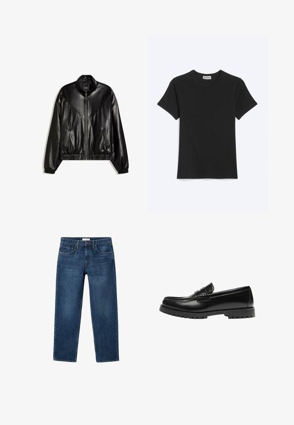 Veste bomber en similicuir noir avec fermeture éclair frontale, poignets et ourlet élastiques, et deux poches frontales inclinées.; T-shirt noir uni à manches courtes et col rond avec une étiquette de la marque Weekday à l’intérieur du col, présenté sur fond blanc.; Jean en denim bleu foncé avec une coupe droite, cinq poches et une ceinture munie d'une passants pour ceinture. Style classique avec des détails de couture subtils.; Mocassin en cuir noir avec une semelle en caoutchouc épaisse et un détail classique de bride à monnaie, vu de côté extérieur.