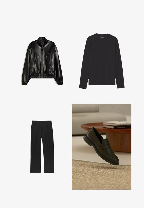 Veste bomber en similicuir noir avec fermeture éclair frontale, poignets et ourlet élastiques, et deux poches frontales inclinées.; T-shirt à manches longues noir en tissu doux et léger. Présente un col rond et un ourlet droit. Aucun motif ou accent visible.; Pantalons noirs au design droit, fabriqués à partir d'un tissu lisse. Dotés de plis sur le devant et d'une fermeture à un bouton à la taille.; Chaussure mocassin en cuir noir présentée en suspension au-dessus d'un tapis beige tissé, avec une table en bois et des livres empilés dans un salon doucement éclairé.