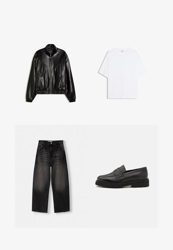 Veste bomber en similicuir noir avec fermeture éclair frontale, poignets et ourlet élastiques, et deux poches frontales inclinées.; T-shirt oversize en coton blanc avec un col rond et des manches courtes ; texture lisse, sans motifs ni accents visibles.; Jeans en denim noir à jambe large avec un design délavé, dotés de cinq poches, d'une fermeture à bouton et de détails de whiskering subtils sur le devant.; Mocassin en cuir noir avec un bout rond, des détails cousus, et une semelle épaisse et texturée. Présente un design élégant et minimaliste.