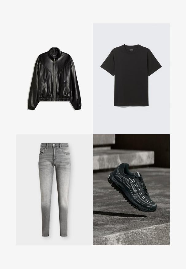Veste bomber en similicuir noir avec fermeture éclair frontale, poignets et ourlet élastiques, et deux poches frontales inclinées.; T-shirt en coton noir uni à manches courtes, col rond et étiquette de marque "WEEKDAY" à l'intérieur du col sur un fond gris clair.; Jean slim gris délavé avec un design à cinq poches et une fermeture par boutons, présenté sur un fond uni.; Baskets Nike Air Max noires et grises flottant au-dessus de marches en béton gris avec un fond de sol texturé.