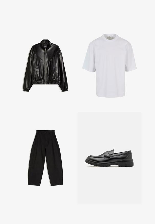 Black faux leather bomber jacket with front zipper, elastic cuffs and hem, and two angled front pockets.; White, short-sleeve t-shirt made of cotton. Features a crew neck and loose fit with a smooth texture and no visible patterns or graphics.; Black high-waist wide-leg pants with pleats, belt loops, front button, and zipper closure, laid flat on a white background.; Black leather loafer with a wide strap across the vamp, rubber sole with thick treads, and smooth texture. Classic, sleek design.