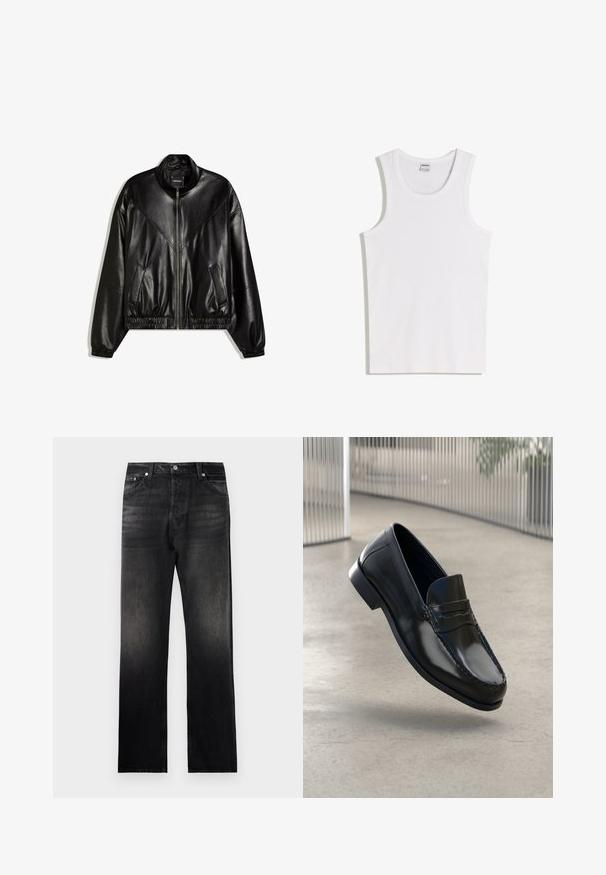 Veste bomber en similicuir noir avec fermeture éclair frontale, poignets et ourlet élastiques, et deux poches frontales inclinées.; Débardeur blanc en coton avec un col rond et de larges bretelles. Texture lisse, sans motifs ni accents, design simple.; Jean en denim noir avec une coupe droite, présentant un effet dégradé usé, un design à cinq poches et des accents en métal.; Mocassins en cuir noir à finition lisse, bout arrondi, coutures décoratives et semelle extérieure légèrement surélevée.