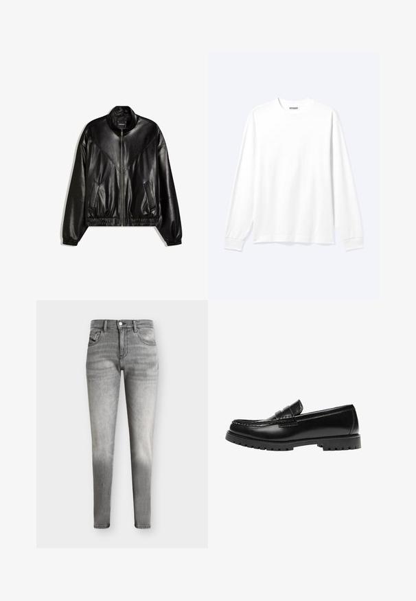 Veste bomber en similicuir noir avec fermeture éclair frontale, poignets et ourlet élastiques, et deux poches frontales inclinées.; Chemise blanche unie à manches longues avec col rond et poignets côtelés, présentée sur un fond clair neutre.; Jean slim gris délavé avec un design à cinq poches et une fermeture par boutons, présenté sur un fond uni.; Mocassin en cuir noir avec une semelle en caoutchouc épaisse et un détail classique de bride à monnaie, vu de côté extérieur.