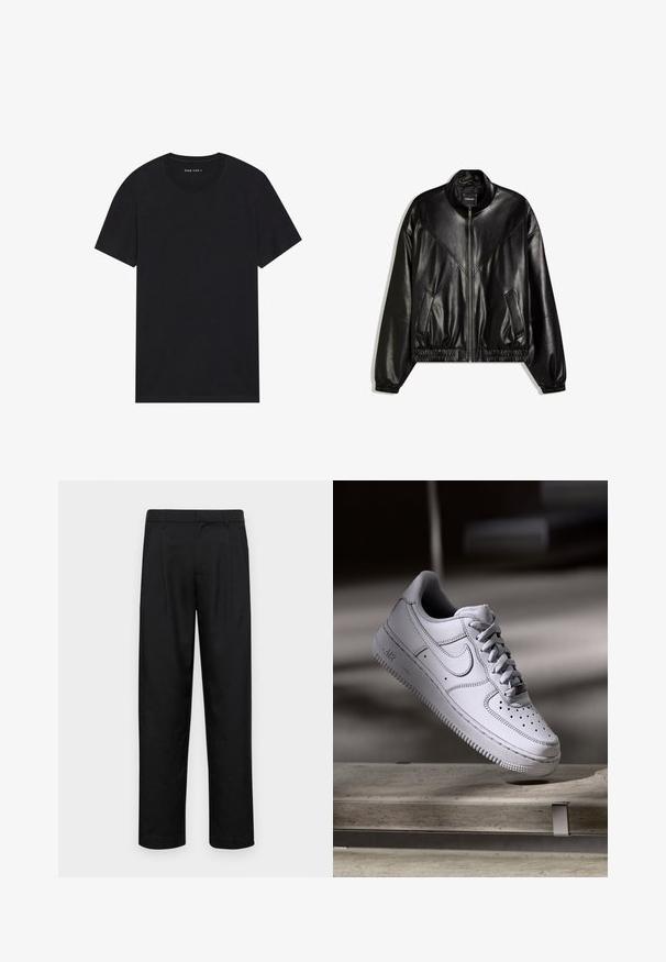Veste bomber en similicuir noir avec fermeture éclair frontale, poignets et ourlet élastiques, et deux poches frontales inclinées.; T-shirt en coton noir à manches courtes et col rond. Le tissu a une texture lisse et un design simple et uni.; Pantalons noirs en tissu lisse, avec une coupe droite, deux plis avant et une taille standard avec passants de ceinture.; La basket Nike Air Force 1 en cuir blanc présente un embout perforé, des lacets plats et une semelle en caoutchouc texturée avec le logo « AIR » sur le côté.