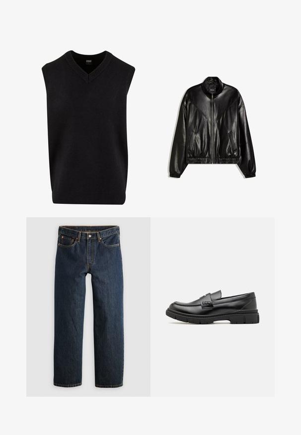 Veste bomber en similicuir noir avec fermeture éclair frontale, poignets et ourlet élastiques, et deux poches frontales inclinées.; Pull noir sans manches avec un col en V, fabriqué dans un matériau doux, présentant un col et un ourlet inférieur côtelés. Design simple et classique.; Jean en denim bleu foncé avec une coupe droite. Comprend cinq poches, des surpiqûres contrastantes et une fermeture à bouton à la taille.; Mocassin en cuir noir avec une large sangle sur le devant, semelle en caoutchouc à épaisse rainure, et texture lisse. Design classique et élégant.