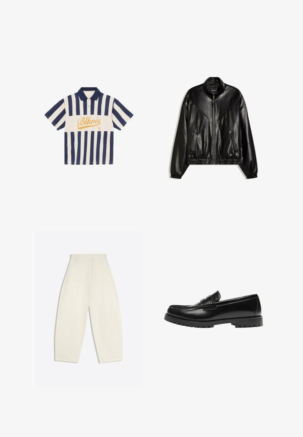 Veste bomber en similicuir noir avec fermeture éclair frontale, poignets et ourlet élastiques, et deux poches frontales inclinées.; Polo à manches courtes avec rayures verticales bleu marine et blanches, col bleu marine, deux boutons, et texte jaune « Blkvis 13 » sur la poitrine.; Pantalon crème taille haute à jambes larges, avec poches arrière et passants de ceinture, présenté à plat sur un fond clair.; Mocassin en cuir noir avec une semelle en caoutchouc épaisse et un détail classique de bride à monnaie, vu de côté extérieur.