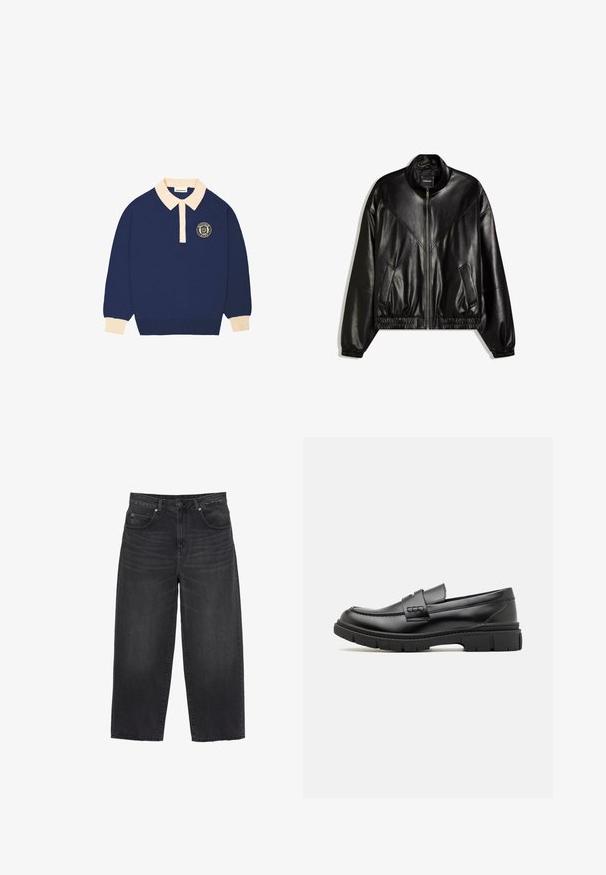Zwarte bomberjack van imitatieleer met rits aan de voorkant, elastische manchetten en zoom, en twee schuine voorzakken.; Langarm polo shirt in marineblauw met een beige kraag en manchetten, voorzien van een rond embleem met tekst op de linkerborst.; Zwarte wijduitlopende spijkerbroek met een hoge taille, knopen en ritssluiting aan de voorkant, riemlussen en zakken aan de voor- en achterkant.; Zwarte leren instapper met een brede band over de voet, rubberen zool met dikke noppen en een gladde textuur. Klassiek, strak ontwerp.