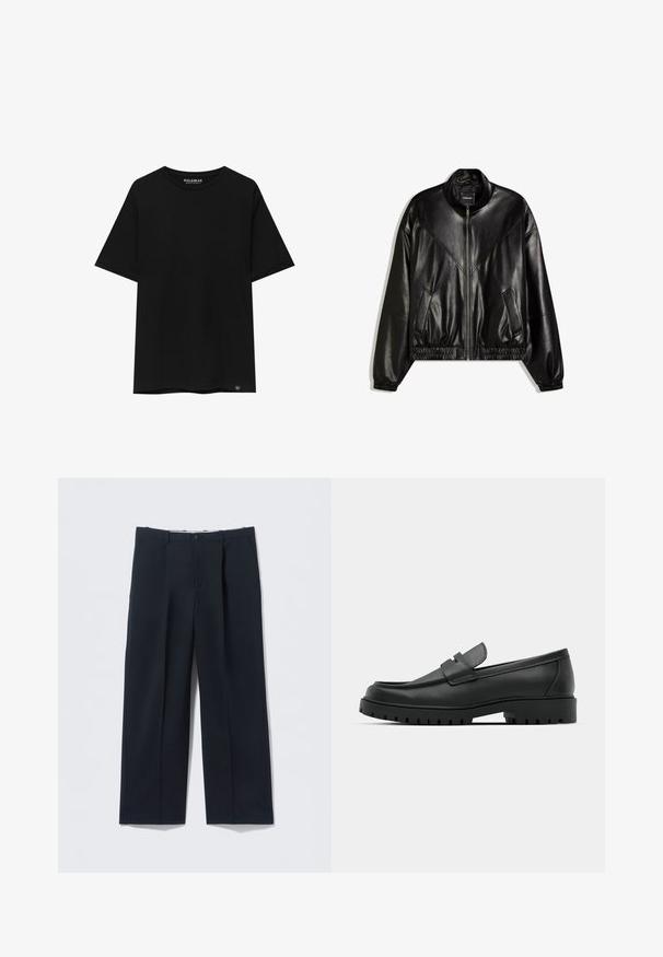 Veste bomber en similicuir noir avec fermeture éclair frontale, poignets et ourlet élastiques, et deux poches frontales inclinées.; T-shirt noir à manches courtes en coton, avec un col ras du cou et une petite étiquette de marque en bas à gauche.; Pantalon bleu marine foncé en tissu lisse, avec une coupe ajustée, deux poches avant et une fermeture par bouton.; Mocassins en cuir noir à bout arrondi, avec un design cousu, une semelle plateforme basse et une semelle en caoutchouc texturée et crantée.