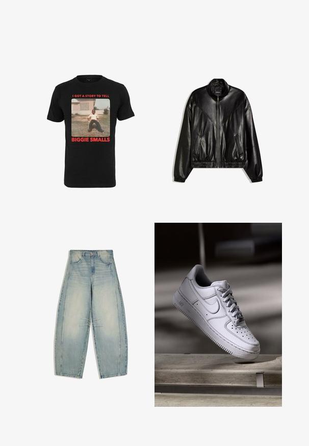 Sort bomberjakke i kunstlæder med lynlås foran, elastiske manchetter og kant samt to skrå lommer foran.; Sort bomulds T-shirt med et vintage billede og rød tekst, der står "I GOT A STORY TO TELL BIGGIE SMALLS" under billedet.; Lyseblå vidde jeans i vasket denim med for- og baglommer, knaplukning og subtilt falmede detaljer på lår og knæ.; Hvid læder Nike Air Force 1 sneaker med perforeret tå, flade snørebånd og tekstureret gummisål med "AIR" branding på siden.