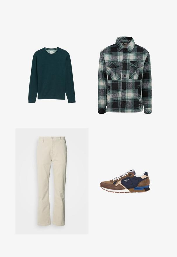 Grøn og sort ternet flanneljakke med krave, to brystlommer, knaplukning foran og struktureret stof. Har mørke knapper og nederste label.; Mørkegrøn langærmet sweatshirt med ribbet rund hals, blødt stof og en diskret logo-detail på fronten. Klassisk pasform.; Beige manchesterbukser med et lige ben design, der har lukning med knapper foran, to sidelommer og en glat tekstur.; Pepe Jeans BRIT COLORS - Sneakers - mink beige