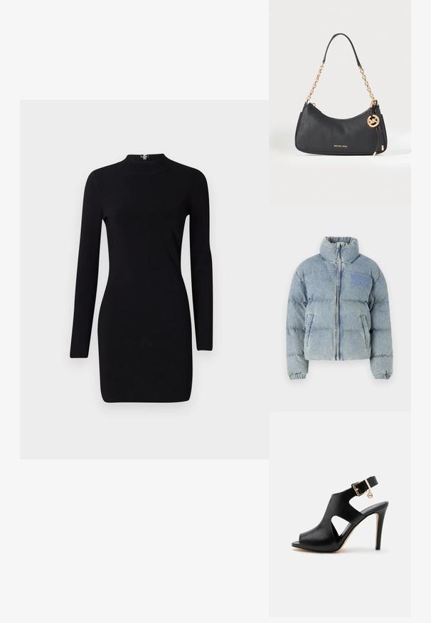 Hele sinine puhv jacket kõrge kraega, paigaldus tõmbluku ja kahe küljetaskuga. Omab kergelt tekstureeritud jean-kangast ja logo.; Mustat pikkumusta, pikkukleidiga, millel on sobiv siluett, kõrge kaelus ja taga lukk. Sile tekstuur ja veniv kangas. Ilma mustrite ja aktsentideta.; Mustast nahast kõrge kontsaga sandaal avatud varbaga, küljeavadega, pahkluu rihmaga, kuldse pandlaga ja väikese ümmarguse ripatsiga heledal taustal.; Mustast teral kujustatud nahast käekott kuldse kettaga rihma, kuldse Michael Korsi logoga ees ning küljes riputatud ümmargune MK võtmehoidja.