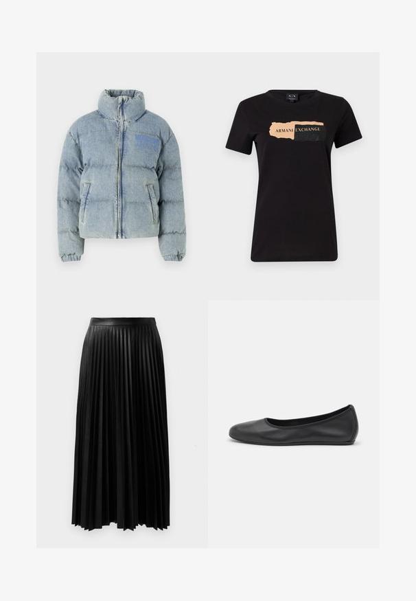 Chaqueta de plumas azul claro con un alto cuello, cierre de cremallera y dos bolsillos laterales. Presenta un material de mezclilla ligeramente texturizado y un logo.; Camiseta negra de algodón con un diseño gráfico que presenta "ARMANI EXCHANGE" en melocotón claro y acentos texturizados en negro. Corte regular.; Falda plisada negra hecha de material texturizado, con una cinturilla ajustada y pliegues largos y fluidos que llegan a la mitad de la pantorrilla.; Bailarina de piel negra con punta redondeada, textura suave, detalle de costura minimalista y diseño de suela flexible.