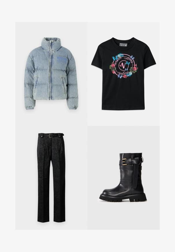 Lyseblå pufferjakke med høj krave, lynlås og to sidelommer. Består af let struktur materiale i denim og har et logo.; Sort T-shirt med et farverigt blomster- og sommerfuglgrafik, med pink og blå accenter. "Versace Jeans Couture" trykt i et cirkulært design.; Sorte formelle bukser med subtilt blomsterprint, frontplisséer, bæltestropper og et dekorativt bælte med spænde på en ensfarvet baggrund.; Sort læder ankelstøvle med en rund tå, der har en spænde detalje, tekstureret sål og flad platform for stabilitet.