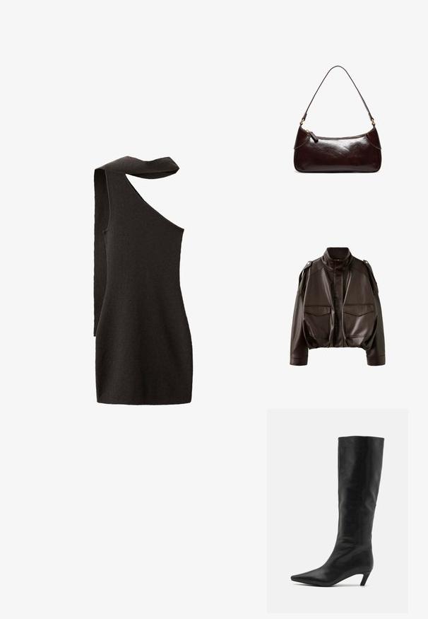 Veste en cuir marron foncé avec col montant, fermeture éclair devant, pattes d'épaule boutonnées et deux grandes poches à rabat sur le devant.; Mini-robe noire en maille sans manches avec une découpe sur une épaule et une longue sangle en tissu attachée du côté opposé.; RAID FLAURA - Bottes - black; Sac à bandoulière en cuir marron foncé avec une seule sangle et une fermeture éclair, forme rectangulaire avec des bords arrondis sur fond blanc.