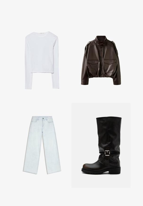 Veste en cuir marron foncé avec col montant, fermeture éclair devant, pattes d'épaule boutonnées et deux grandes poches à rabat sur le devant.; Crop top blanc à manches longues avec un col rond et une texture de tissu simple et lisse.; Jean bleu clair à jambes larges avec fermeture à boutons et fermeture éclair sur le devant, passants pour ceinture et style cinq poches, posé à plat sur un fond blanc.; Botte haute en cuir noir avec bout arrondi, talon bas, bride à boucle latérale et tige légèrement relâchée sur fond blanc.