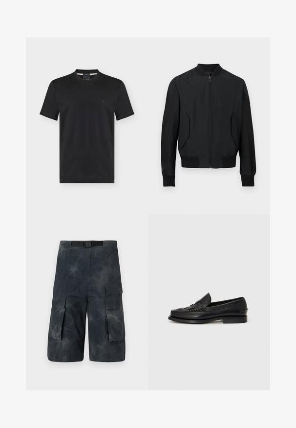 Veste bomber noire zippée avec col, poignets et ceinture côtelés, et deux poches à rabat sur le devant avec boutons.; T-shirt noir à manches courtes et col rond avec petit logo brodé sur la poitrine gauche, présenté sur fond uni.; Shorts cargo gris foncé avec poches latérales et ceinture noire intégrée, présentant une texture légèrement froissée.; Mocassin en cuir noir avec un détail tissé à l'avant, bout arrondi et petit talon. Texture lisse et design minimaliste.