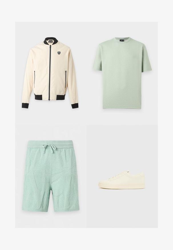 Veste bomber beige clair avec col, poignets, ourlet noirs, fermeture éclair sur le devant, poches latérales zippées et petit logo EA7 sur la poitrine.; T-shirt vert clair à manches courtes et col rond avec un motif géométrique subtil et une étiquette noire au niveau de l'encolure.; Shorts en éponge vert clair avec taille élastique et cordon, avec des motifs de feuilles texturés discrets.; Baskets couleur crème avec une tige en cuir lisse, bout arrondi, laçage à l'avant et semelle en caoutchouc texturée. Design minimaliste, sans logo.