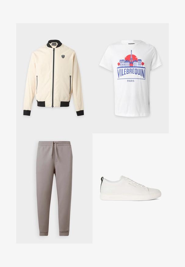 Cazadora bomber beige clara con cuello, puños y bajo negros, cremallera frontal, bolsillos laterales con cremallera y pequeño logo EA7 en el pecho.; Camiseta blanca con gráfico azul y rojo de edificios de París, Torre Eiffel, sol rojo, y texto "Vilebrequin Paris" en el frente.; Pantalones deportivos gris claro hechos de una tela suave, con una cintura elástica con cordón, puños ajustados y bolsillos laterales.; Zapatilla de cuero blanca con puntera redondeada, suela de goma plana y costuras en tono. Presenta un cierre con cordones en la parte delantera y una lengüeta en el talón de color negro.