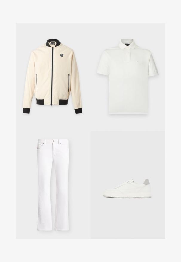 Veste bomber beige clair avec col, poignets, ourlet noirs, fermeture éclair sur le devant, poches latérales zippées et petit logo EA7 sur la poitrine.; Polo blanc en coton doux, doté d'un col classique, de manches courtes et d'un petit logo sur la poitrine. Texture lisse.; Jean bootcut blanc avec fermeture avant par bouton et zip, passants de ceinture et poches, présenté sur un fond uni.; Baskets basses blanches avec un onglet de talon gris, des lacets blancs et une semelle texturée, présentées sur un fond uni clair.