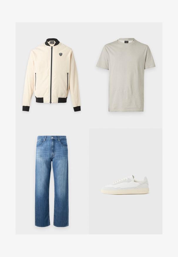 Veste bomber beige clair avec col, poignets, ourlet noirs, fermeture éclair sur le devant, poches latérales zippées et petit logo EA7 sur la poitrine.; T-shirt gris clair à manches courtes avec une texture en nid d'abeille et un col rond. Étiquette visible au niveau du col.; Jean en denim bleu droit avec poches avant, passants pour ceinture, fermeture à boutons et zones légèrement décolorées sur les cuisses et les genoux.; Baskets blanches avec dessus en daim et cuir texturé. Caractérisées par un bout arrondi, une fermeture à lacets et une semelle en caoutchouc beige contrastante.