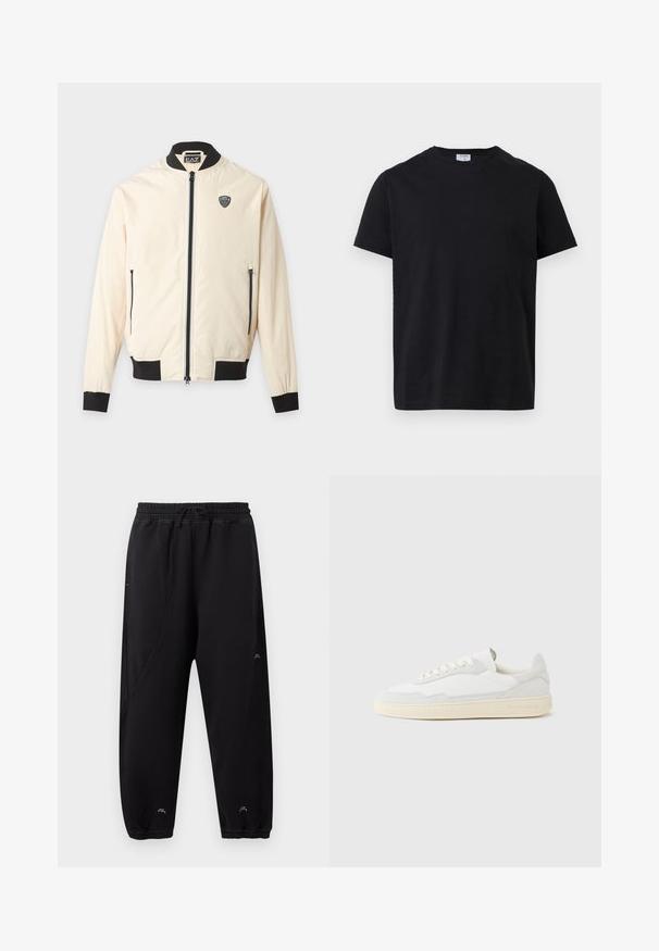 Veste bomber beige clair avec col, poignets, ourlet noirs, fermeture éclair sur le devant, poches latérales zippées et petit logo EA7 sur la poitrine.; T-shirt noir à manches courtes et col rond avec une petite étiquette blanche à l'intérieur du col, présenté à plat sur un fond blanc.; Pantalon de jogging noir avec taille et poignets élastiques, coupe slim, détails de couture discrets et petit logo blanc près des chevilles et de la cuisse.; Baskets blanches avec dessus en daim et cuir texturé. Caractérisées par un bout arrondi, une fermeture à lacets et une semelle en caoutchouc beige contrastante.