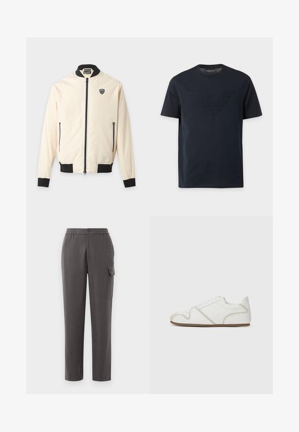 Veste bomber beige clair avec col, poignets, ourlet noirs, fermeture éclair sur le devant, poches latérales zippées et petit logo EA7 sur la poitrine.; T-shirt noir à manches courtes avec col rond, comportant un logo aigle en relief discret sur la poitrine et une étiquette de marque à l'intérieur du col.; Pantalon gris à coupe décontractée, fabriqué à partir d'un tissu lisse. Comprend une fermeture à bouton, des poches latérales et une poche cargo sur la jambe.; Baskets blanches avec une tige en tissu lisse, des accents beige, un bout arrondi et une semelle en caoutchouc. Présente un design à lacets et des coutures sur les côtés.