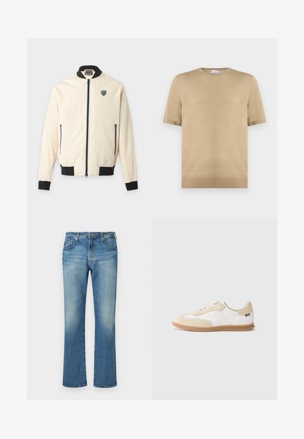 Veste bomber beige clair avec col, poignets, ourlet noirs, fermeture éclair sur le devant, poches latérales zippées et petit logo EA7 sur la poitrine.; Pull en maille beige à manches courtes avec encolure ronde et ourlet côtelé, posé à plat sur fond blanc.; Pantalon en denim bleu, design à jambe droite avec un délavage, présentant un style classique à cinq poches et des accents en métal.; Baskets blanches avec accents en daim beige clair, détails perforés, lacets plats et semelle en caoutchouc naturel. Présentent un logo rayé sur le talon.