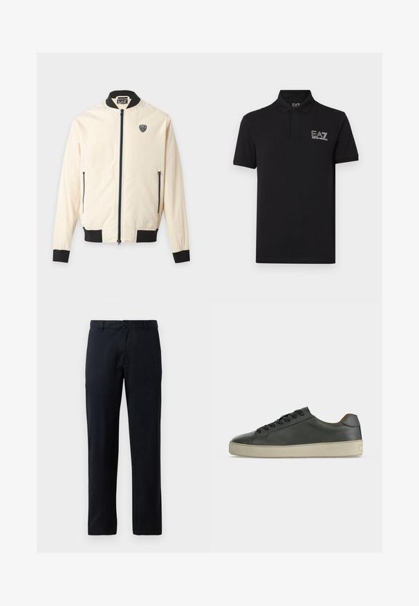 Veste bomber beige clair avec col, poignets, ourlet noirs, fermeture éclair sur le devant, poches latérales zippées et petit logo EA7 sur la poitrine.; Polo noir en coton, avec col et manches courtes. Logo EA7 brodé sur le côté gauche de la poitrine. Coupe classique.; Pantalon noir à jambes droites en tissu lisse. Présente une fermeture à bouton unique et des passants de ceinture, sans motifs ni accents visibles.; Baskets basses en cuir noir avec lacets noirs et semelle en caoutchouc écrue, vues de côté extérieur sur fond blanc.