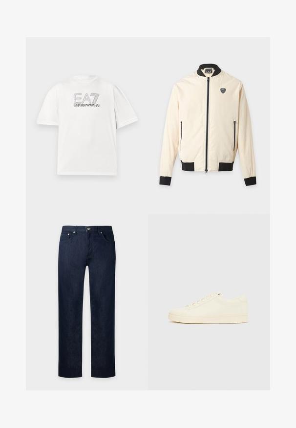Ανοιχτό μπεζ bomber μπουφάν με μαύρο γιακά, μανσέτες, στρίφωμα, μπροστινό φερμουάρ, πλαϊνές τσέπες με φερμουάρ και μικρό λογότυπο EA7 στο στήθος.; Λευκό κοντομάνικο t-shirt με το λογότυπο «EA7 Emporio Armani» τυπωμένο με μαύρο χρώμα στο στήθος, σε απλό φόντο.; Σκούρο μπλε τζιν με ίσια γραμμή, κουμπί μπροστά και σχεδίαση με πέντε τσέπες, εμφανίζονται σε απλό ανοιχτό φόντο.; Αθλητικό παπούτσι εκρού με λείο δερμάτινο πάνω μέρος, στρογγυλεμένη μύτη, κορδόνια στο μπροστινό μέρος και υφασμένο λαστιχένιο πέλμα. Μινιμαλιστικός σχεδιασμός, χωρίς λογότυπα.