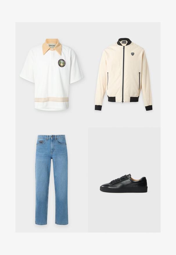 Veste bomber beige clair avec col, poignets, ourlet noirs, fermeture éclair sur le devant, poches latérales zippées et petit logo EA7 sur la poitrine.; Polo blanc à manches courtes avec col pointu beige, bordure rayée beige à l'ourlet, et écusson circulaire "HEATHE Football Federation 1978" sur la poitrine.; Jean en denim bleu clair à jambes droites avec bouton devant, braguette zippée et poches, avec une petite étiquette noire sur la poche avant droite.; Baskets en cuir noir avec une texture lisse, bout rond et fermeture à lacets. Comprend une semelle en caoutchouc épaisse et un minimum de détails de marque.