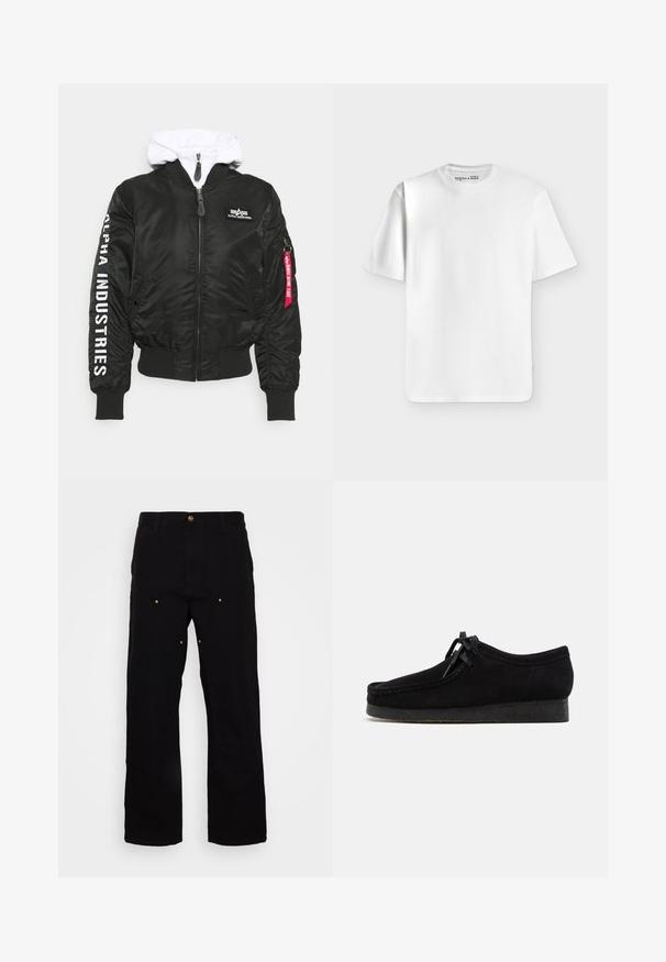 Zwarte bomberjack met een witte capuchon, voorzien van een rits aan de voorkant, geribde manchetten, het Alpha Industries-logo en een rode ritslip.; Effen wit T-shirt met korte mouwen en een ronde hals, plat liggend op een lichtgrijze achtergrond met een klein merkje aan de binnenkant van de halslijn.; Zwarte denim broek met een recht-pijp ontwerp, voorzien van gouden hardware accenten en zichtbare stiksels op de voor- en achterzakken.; Zwarte suède schoenen met een rond teenontwerp, een vetersluiting aan de voorkant en een gestructureerde zwarte rubberen zool. Gladde bovenkant met subtiele stikseldetails.