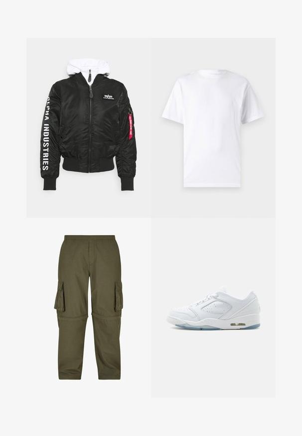 Must Black bomber-jakk valge kapuutsiga, millel on ees näha tõmblukk, soonikkoed, Alpha Industries logo ja punane tõmbluku tõmbejõud.; Valge lühikeste varrukatega T-paita, mis on valmistatud puuvillast, laheda kaelusega. T-särk on sileda tekstuuri ja lihtsa disainiga, ilma mustrite või aksessuaarideta.; Oliivroheline cargo-püksid, mis on valmistatud kergest kangast, millel on mitu küljetaskut, elastne vöökoht ja sirge lõike disain.; Madala valge sportjalats suurte ainetega külgpaneelil, paelaga kinnitusega, pehmendusega tallaga ja nähtava õhuühikuga kandosas.
