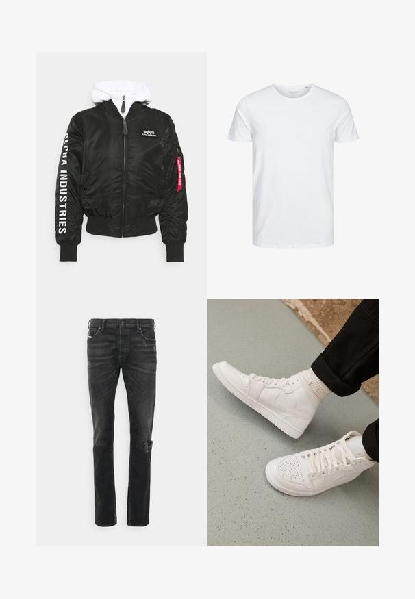 Veste bomber noire avec une capuche blanche, présentant une fermeture éclair à l'avant, des poignets côtelés, le logo Alpha Industries et un détail de tirette rouge.; T-shirt à col rond à manches courtes de couleur blanche unie, fabriqué en coton doux, avec un design simple sans motifs ni accents visibles.; Jean en denim noir avec une coupe droite, présentant des déchirures au genou, un design à cinq poches et une légère décoloration de la texture du tissu.; Baskets montantes blanches en cuir lisse avec un bout perforé, fermeture à lacets et un discret logo sur le côté. Semelle en caoutchouc texturé.