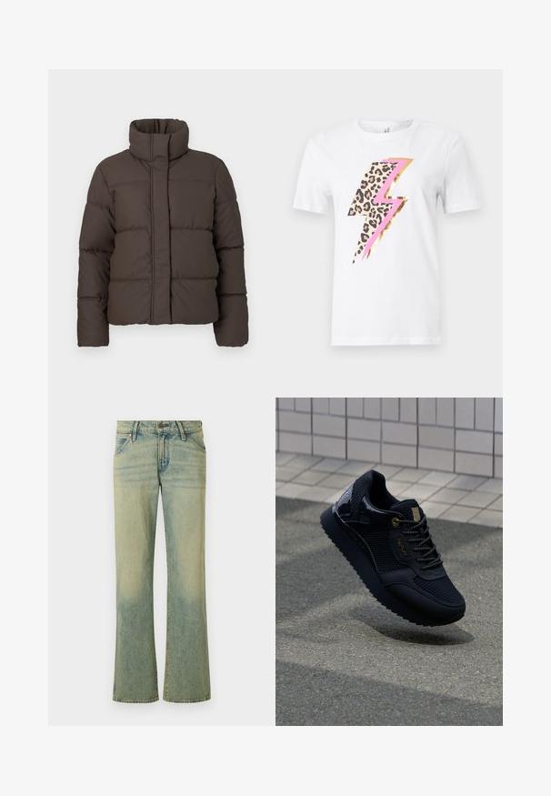Brun polstret jakke med høj krave, struktureret design, lodrette sømme og en glat tekstur. Har en frontlukning uden udvendige lommer.; Hvid T-shirt med korte ærmer og stort lyn-design på forsiden med leopardprint, pink og guldfolie accenter.; Lyseblå denimjeans med et flagrende ben-design, der har fem lommer og subtil falmning. Stoffet har en glat tekstur og en klassisk knaplukning.; Sort sneakers med mesh-overdel, glinsende detaljer, guldfarvet hardware, tekstureret sål og polstret krave for komfort.