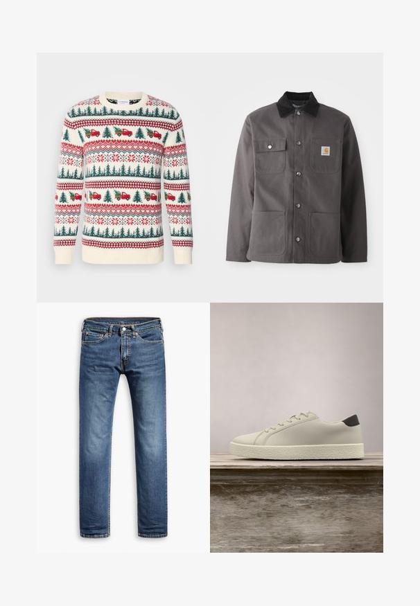 Donkergrijze werkjas met een corduroy kraag, twee voorzakken, drukknoopsluiting en een patchlogo op de linkerborst.; Gehaakte trui met een crèmekleurige basis, rode en groene patronen van bomen, vrachtwagens en sneeuwvlokken, met ribgebreide manchetten en zoom.; Blauwe denim jeans met een recht model, klassieke vijf-pocket stijl, subtiele vervaging en stiksels langs de naden.; Witte sneaker met gestructureerde zool en zwarte hieldetails, zwevend boven een houten bank met hoge groene graspluimen op de achtergrond.