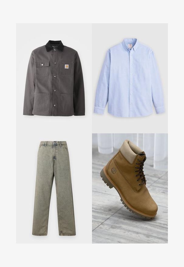 Mørkegrå arbejdsjakke med et corduroy-krave, to forlommer, trykknapper og et patch-logo på venstre bryst.; Lyseblå langærmet skjorte med knapper lavet af bomuld, der har en klassisk krave og diskret broderet logo på venstre bryst.; Blå denim bukser med vid ben i en falmet grå farve, med knaplukning og traditionelt fem-lomme design med synlige syninger.; Tan ruskind støvle med snørebånd, polstret krave og robust sål, hvilende på gråt flisegulv nær hvide gardiner.