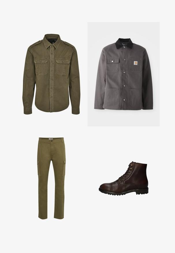 Mørkegrå arbejdsjakke med et corduroy-krave, to forlommer, trykknapper og et patch-logo på venstre bryst.; Oliven grøn skjorte med knapper lavet af bomuld. Har krave, to brystlommer med klapper og strukturerede skuldre med synlige sømme.; Grønne cargo-bukser med lige pasform, der har to sidelommer, knaplukning og syet detaljering på stofoverfladen.; Mørkebrun læder snørebånd ankelstøvle med robuste gummisål og metaløjer, set fra den ydre side.