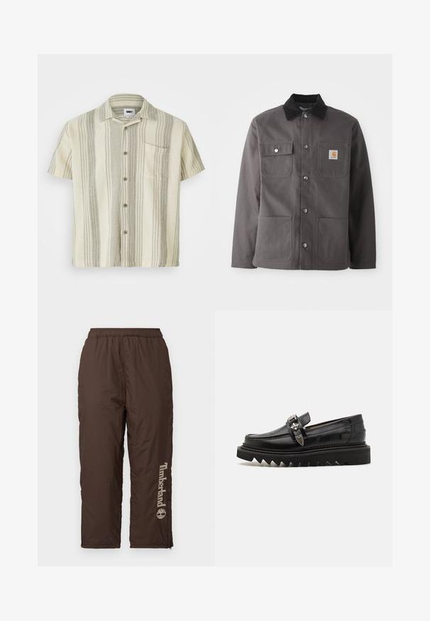 Donkergrijze werkjas met een corduroy kraag, twee voorzakken, drukknoopsluiting en een patchlogo op de linkerborst.; Korte mouwen button-up shirt in lichtbeige met verticale strepen in grijs. Heeft een borstzak en een gestructureerde stof.; Bruine nylonbroek met een elastische tailleband. Met een verticale Timberland-logo in lichtbeige. Soepele textuur, enkelsluitingen voor aanpassing van de pasvorm.; Zwarte leren loafers met zilveren hardware accenten, een verhoogde zigzag zool en een slanke, afgeronde uitstraling; gladde textuur en glanzende afwerking.
