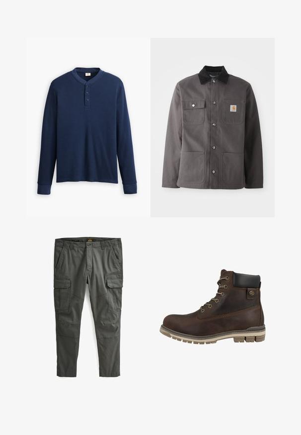 Blouson de travail gris foncé avec un col en velours côtelé, deux poches avant, des boutons-pression et un logo en patch sur la poitrine gauche.; Chemise henley à manches longues de couleur bleu marine en tissu côtelé. Présente un col rond et une patte de boutonnage à trois boutons. Les poignets sont ajustés.; Pantalons cargo vert foncé, coupe slim ; dotés de plusieurs poches latérales, de détails cousus et d'un tissu lisse et résistant.; Dockers by Gerli SCHNÜR - Bottines à lacets - brown