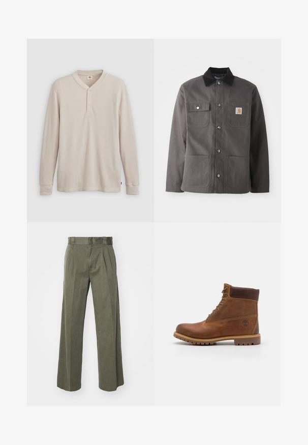 Mørkegrå arbejdsjakke med et corduroy-krave, to forlommer, trykknapper og et patch-logo på venstre bryst.; Langærmet henley-skjorte i lys beige ribbet stof, med V-hals, tre-knap placket og manchetter ved ærmerne. Rød logo-tags ved kanten.; Olivengrønne bukser med en løs, bred ben design og frontfolder. Fremstillet af tekstureret stof med en standard taljebånd og ingen synlige hardware.; Brun læder vandrestøvle med en glat finish, polstret ankel, metalliske snørehuller og en gummisål med et robust dækmønster.