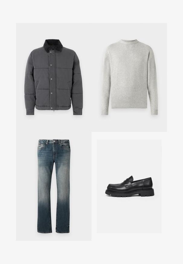 Grå pufferjakke med quiltet design, kordfløjlskrage, trykknapper, sidelommer og ribbede manchetter, udstyret med et glat, struktureret stof.; Lysegrå sweater lavet af blødt stof, med ribbet rund halsudskæring og ribbede manchetter og kant. Minimalistisk design, lange ærmer.; Herre lige pasform blå denim jeans med falmet vask og fem-lomme design mod en hvid baggrund.; Sort læderloafer med tyk rillede sål og penny-remdetalje, vist i højre sideprofil på hvid baggrund.