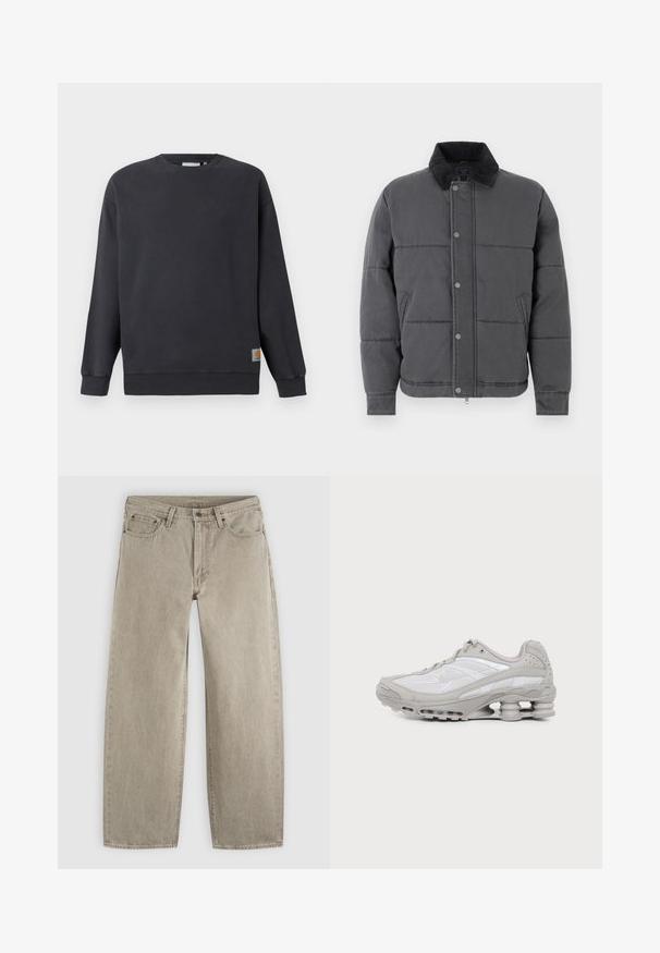 Grå pufferjakke med quiltet design, kordfløjlskrage, trykknapper, sidelommer og ribbede manchetter, udstyret med et glat, struktureret stof.; Mørkegrå crewneck sweatshirt med ribstrikkede manchetter og søm. Har en lille vævet logo-label på nederste venstre side. Lavet i bomuldsstof med en glat tekstur.; Beige jeans med lige ben i denim med forlommer, bæltestropper, knaplukning og synlige syninger på en ensfarvet lys baggrund.; Grå og hvid atletiksko med synlig luftpolstret sål og mesh-paneler, vist i profil på en ensartet lys baggrund.