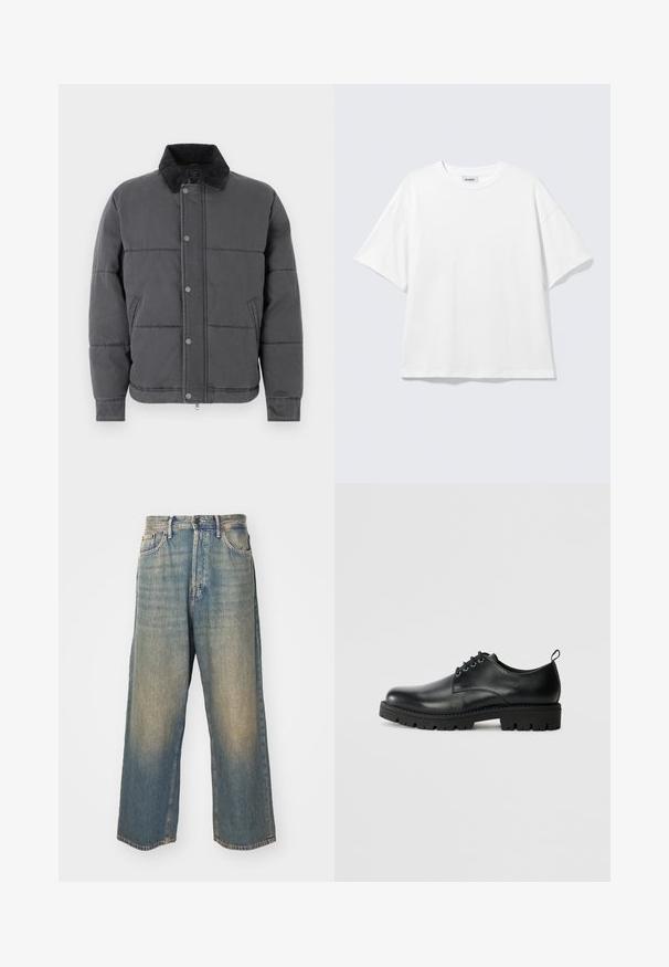 Grijze pufferjack met een geborduurd ontwerp, corduroy kraag, drukknoopsluiting, zijzakken en ribbels aan de mouwen, met een gladde, gestructureerde stof.; Witte oversized T-shirt met korte mouwen, ronde hals en verlaagde schouders, plat op een lichtgrijze achtergrond.; High-rise, rechte, vervaagde blauwe spijkerbroek met zakken aan de voorkant en een knoopsluiting op een lichte achtergrond.; Zwarte lederen schoen met een ronde neus, voorzien van een vetersluiting, stevige zwarte rubberen zool en een klein hieltabje aan de achterkant.