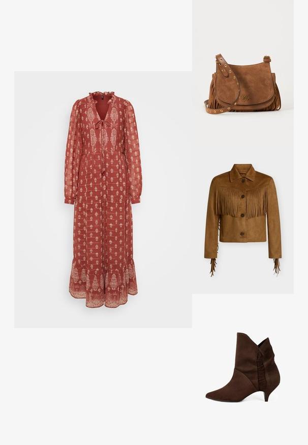 Veste courte en daim marron avec fermeture à boutons, col pointu et détails à franges sur la poitrine et les manches.; Robe rouge à manches longues avec un col froncé, un détail à nouer et un motif floral blanc. Ourlet évasé avec des accents décoratifs en bas.; Bottine en suède marron avec un talon moyen, un bout pointu et des détails de couture subtils. Texture lisse et design ajusté.; Sac bandoulière en daim marron avec œillets dorés sur la sangle réglable, détails de franges sur les côtés et petit logo doré RLL sur le rabat avant.